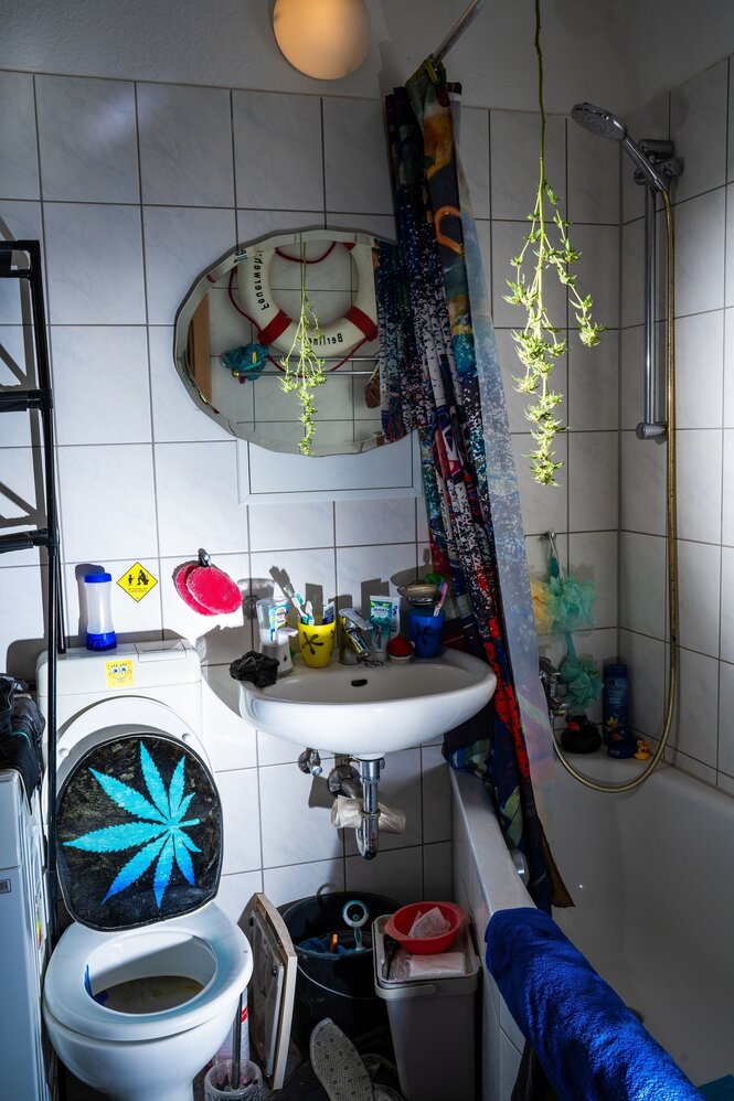 Blick in ein Badezimmer: der Toilettendeckel ist mit einem stilisierten Hanfblatt verziert, über der Badewanne hängt eine Hanfpflanze