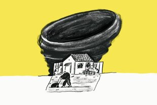 Eine Illustration zeigt einen Wirbelsturm hinter einem kleinen Haus