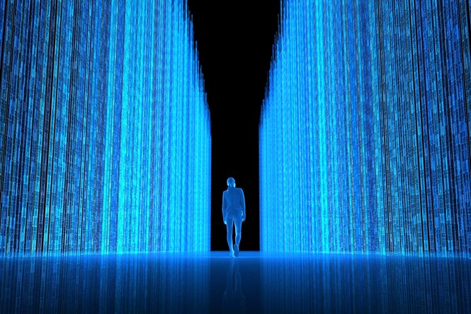 Grafische Darstellung einer Person in einem Raum von Datenvorhängen umgeben