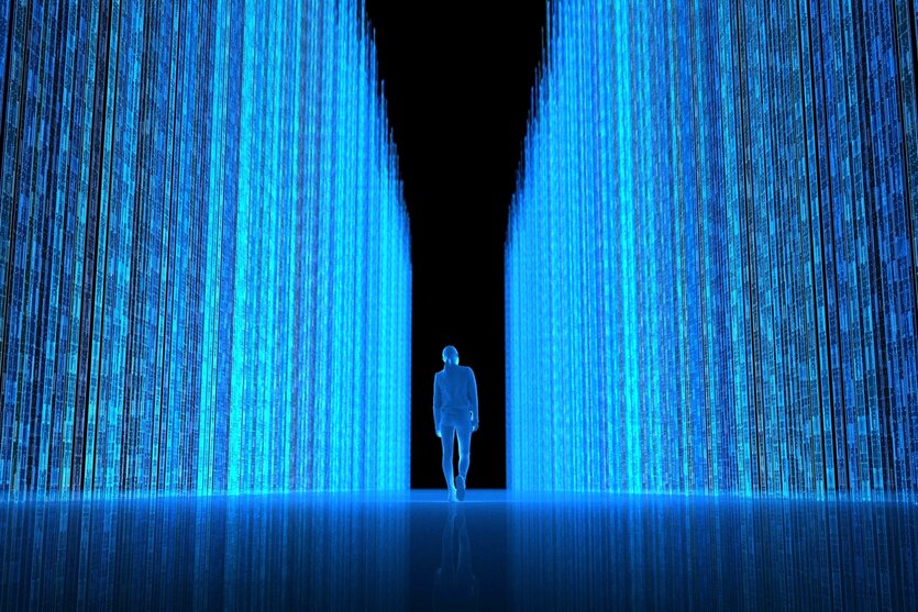 Grafische Darstellung einer Person in einem Raum von Datenvorhängen umgeben