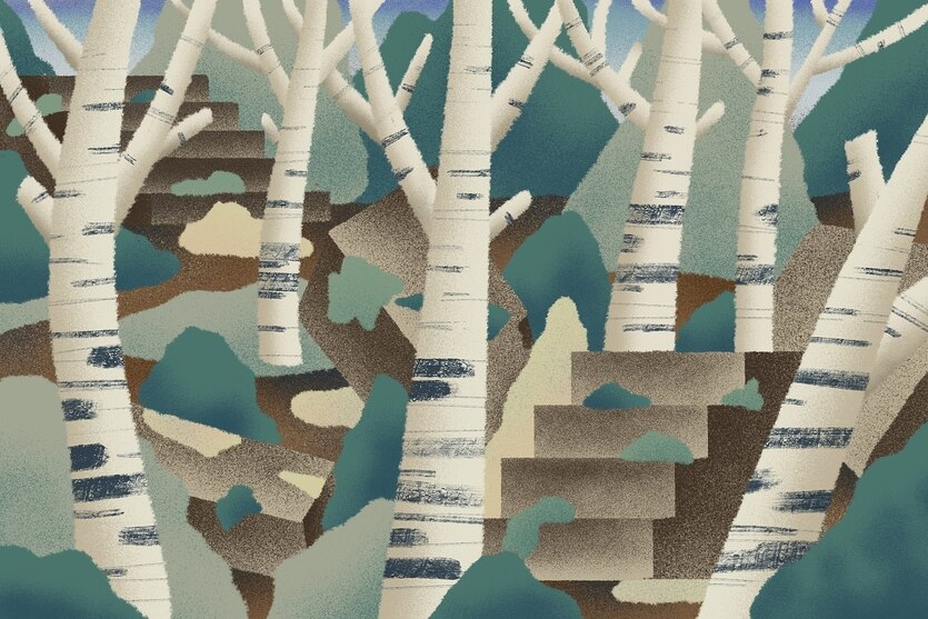 Eine Illustration von Birken und Ruinen