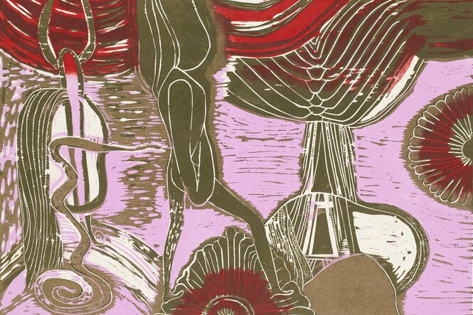 rätselhafte organische Figuren, teilweise anthropomorph, auf rosafarbenem und blutrotem Grund