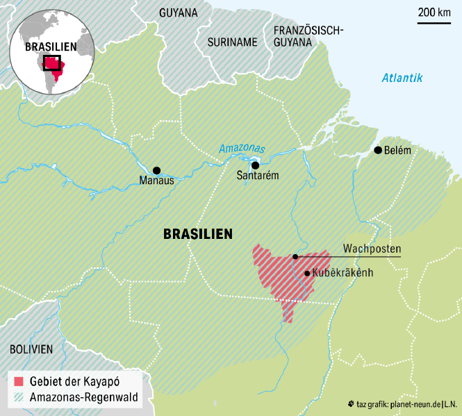 Ein Kartenausschnitt Lateinamerikas darin verzeichnet: der Amazonas-Regenwald, die Gebiete der indigenen Kayapó und einige brasilianische Städte wie Belém
