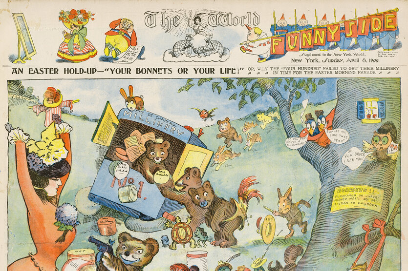 Gus Dirks: Ausschnitt aus "An Easter Hold-Up", ganzseitiges Wimmelbild aus einer US-Zeitungsausgabe vom 8. April 1900