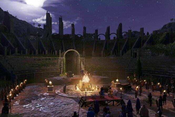 Ein Videospiel zeigt römische Soldaten, die um ein Lagerfeuer stehen