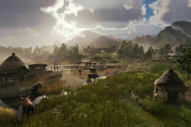 Ein Videospiel zeigt Berge und eiine Sumpflanschaft