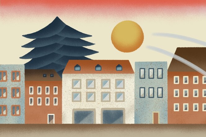 Illustration einer Häuserzeile mit goldfarbenem Ball über den Dächern