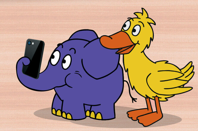 Zeichentrickfiguren mit Smartphone.