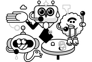 Illustration von drei verschiedenen Chatbots - von servil über unterhaltsam bis schüchtern