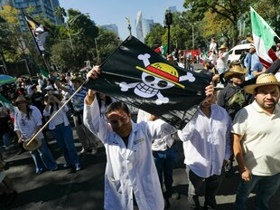 Ein Demonstrierender hält eine schwarze Fahne, auf der ein weißer Totenkopf mit Strohhut abgebildet ist