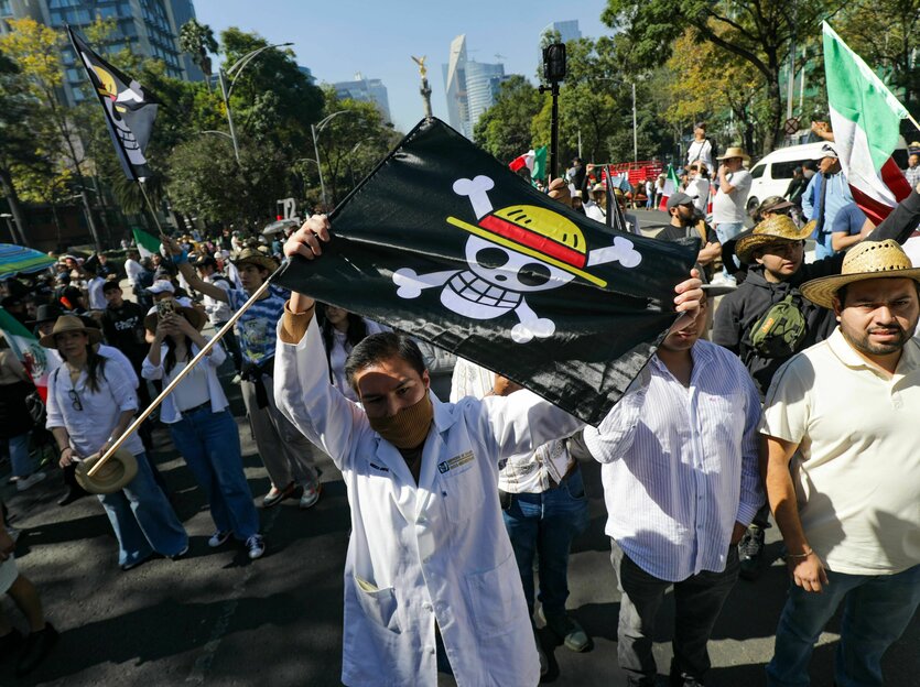 Ein Demonstrierender hält eine schwarze Fahne, auf der ein weißer Totenkopf mit Strohhut abgebildet ist