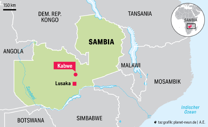 Landkarte von Sambia mit den Orten Kabwe und Lusaka