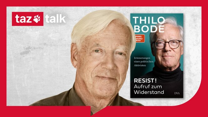 Eine grafische Werbeanzeige im Querformat. Links ist der Schriftzug „taz talk“ mit rotem Logo der Zeitung taz zu sehen. Daneben steht eine großformatige Porträtaufnahme des Autors Thilo Bode mit freundlichem, neutralem Gesichtsausdruck. Rechts daneben ist das Cover seines Buches mit dem Titel „RESIST! Aufruf zum Widerstand“ sowie der Untertitel „Erinnerungen eines politischen Aktivisten“.