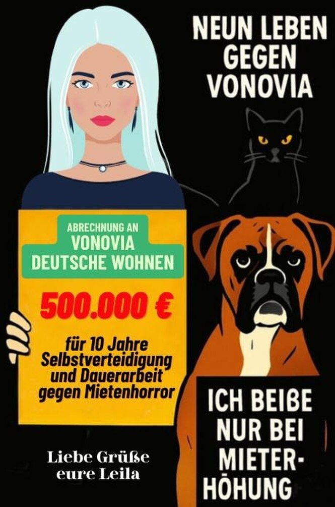 Eine gezeichnete Frau hält ein Plakat in den Händen. Darauf steht die Forderung mit 500.000 Euro Honorar. Daneben ist ein Hund und eine Katze.