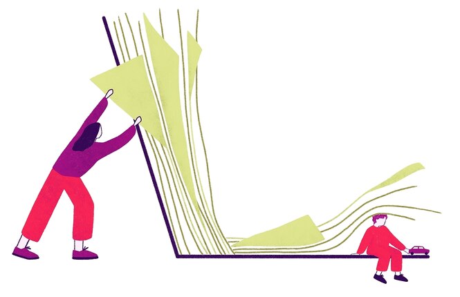 Illustration von einer Frau, die ein riesiges Buch zu klappt, zwischen den Buchseiten sitzt ein Kind