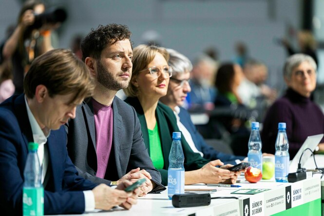 Felix Banaszak und Franziska Brantner, beide Bundesvorsitzende, beim Bundesparteitag
