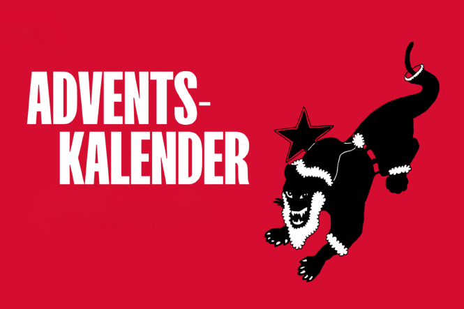 Eine Grafik: Roter Hintergrund mit weißer Aufschrift „Adventskalender“; rechts die Illustration eines schwarzen Panthers in einem Weihnachtsmannkostüm.