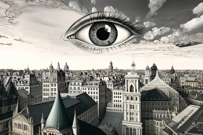 Ein riesenhaftes Auge blickt in einer Schwarzweiß-Animation über die Dächer einer Altstadt.