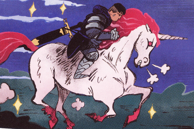 Schimmel mit Einhorn, darauf ein Reiter mit Umhang galoppiert durch die Nacht