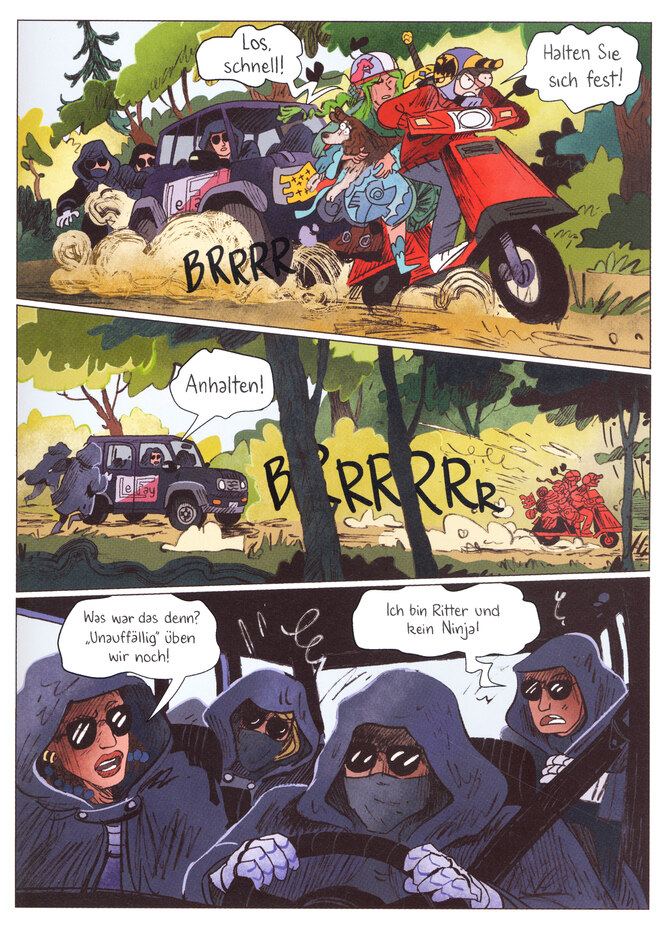 Verfolgungsjagd, Auto hinter Moped im Wald