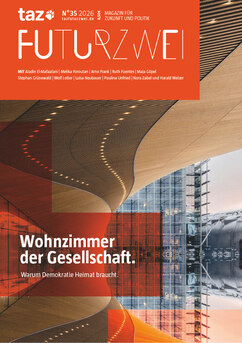 Das Cover der neuen Ausgabe des Magazins taz FUTURZWEI. Abgebildet ist die Nationalbibliothek in Helsinki sowie der Titel "Wohnzimmer der Gesellschaft. Warum Demokratie Heimat braucht".