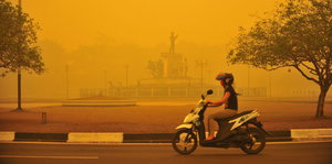 Borneo: Gelber Rauch behindert die Sicht in der indonesische Provinzhauptstadt Palangka Raya.