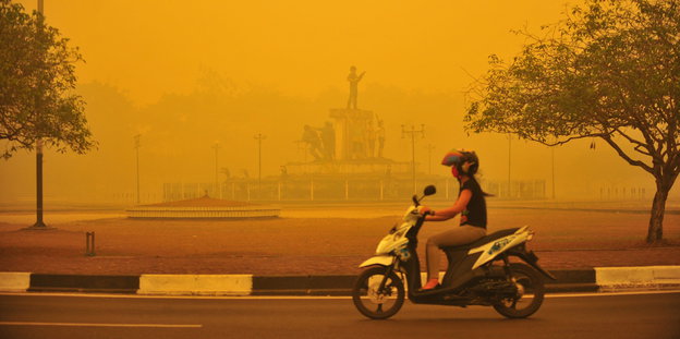 Borneo: Gelber Rauch behindert die Sicht in der indonesische Provinzhauptstadt Palangka Raya.