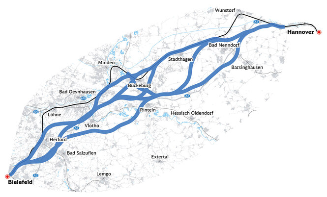 Eine Landkarte, auf der Bahnstrecken eingezeichnet sind