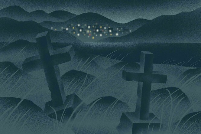 Eine Illustration von zwei Grabkreuzen in nachtblauer Landschaft