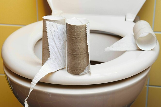Leere Toilettenpapierrollen stehen auf einer Toilettenbrille