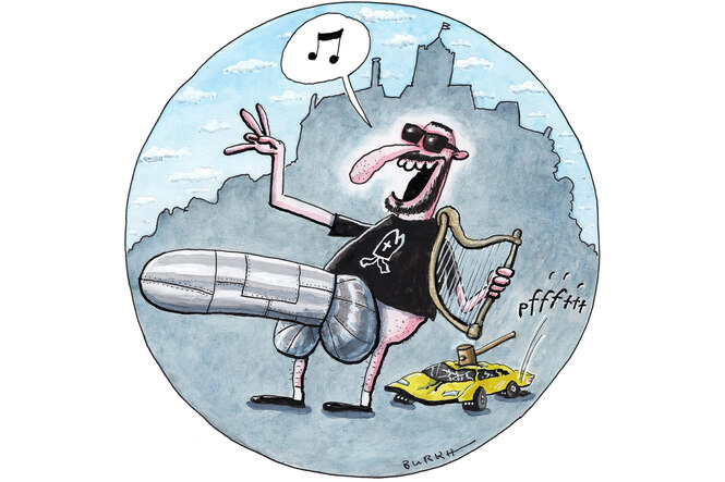 Ein farbiger Cartoon zeigt eine Person, die aussieht wie Haftbefehl. In der linken Hand hält er eine Harfe. Er trägt im Lendenbereich einen umgeschnallten Phallus aus Metall. Im Hintergrund fällt ein Hammer auf einen Lamborghini