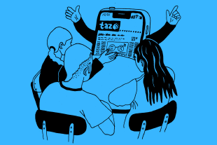 Illustration von drei Personen, die an einem Tisch sitzen und gemeinsam auf ein großes Smartphone schauen, auf dem die Startseite der „taz“ angezeigt wird