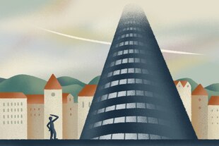 Die Illustration zeigt ein Hochhaus in einer Stadt und eine Person, die hochschaut