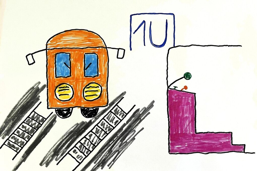 Zeichnung von Christian Specht, die eine orangefarbene U-Bahn mit der Beschriftung U1 zeigt; daneben ein Infohäusche