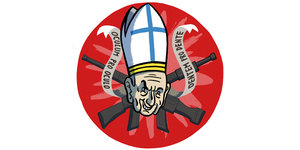 Illustration eines Papstgesichts vor Maschinengewehren
