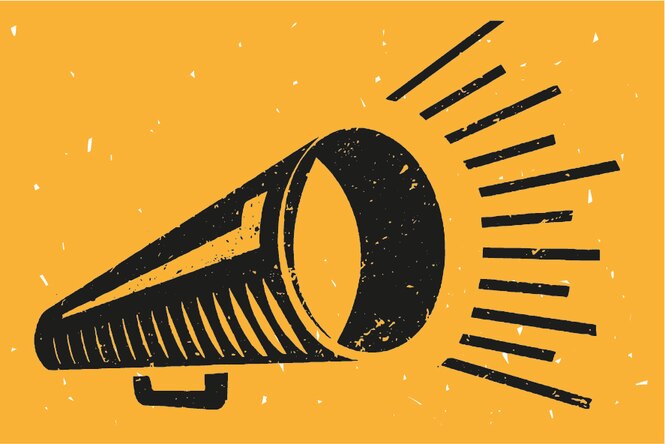 Schwarzes Megaphon auf gelb als Illu für Wahrheitkolumne