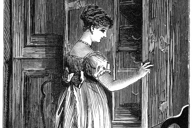 Illustration - eine junge Frau in einem langen Kleid und hochgesteckten Haaren steht an einer geöffneten Schranktür