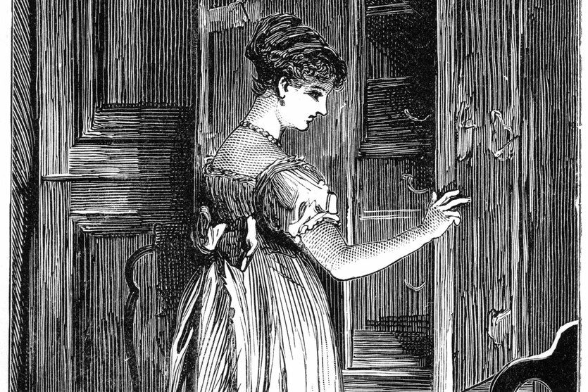 Illustration - eine junge Frau in einem langen Kleid und hochgesteckten Haaren steht an einer geöffneten Schranktür