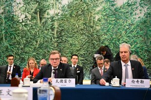 Die deutsche Delegation sitzt an einem Tisch mit blaueer Decke, in der Reieh dahinter die Mitarbeitenden - Eine Fototapete zeigt Bambusblätter