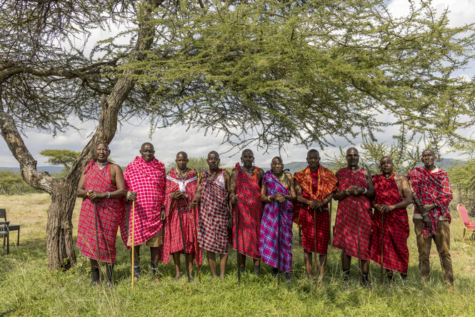 Menschen stehen nebeneinander unter einem Baum