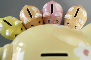 Ein Sparschwein aus Prozellan umringt von vier Ferkeln