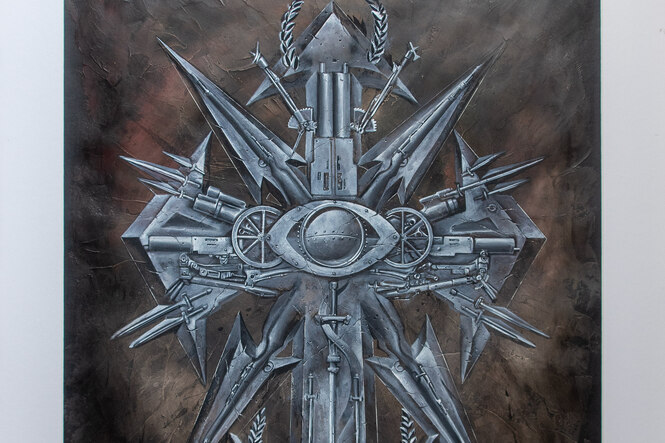 Pfeile, Stahl, Waffe: Ausschnitt des Covergemäldes von Jan Meininghaus für Bolt Throwers Album "Chaos Eye"