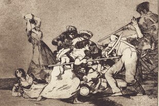 Eine schwarz-weiße Druckgrafik von Goya zeigt Frauen, die Kleinstkinder unter den Arm geklemmt, im erbitterten Kampf mit schwer bewaffneten, schießenden französischen Soldaten, denen sie Lanzen in Leib und Weichteile stoßen und Felsbrocken auf die Köpfe s