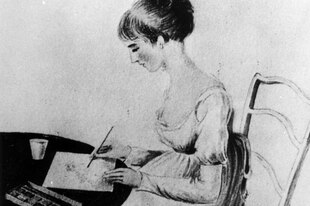 Schwarzweiß-Zeichnung einer Frau, die an einem Tisch sitzt und malt oder schreibt.