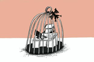 Die Illustration zeigt einen Schreibtisch in einem Käfig