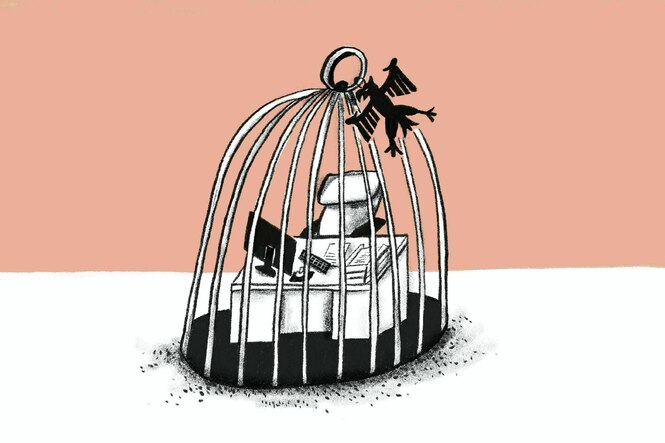 Die Illustration zeigt einen Schreibtisch in einem Käfig