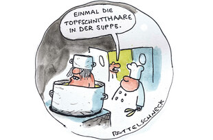 Ein Cartoon mit der Aufschrift: „Einmal die Kopfschnitthaare in der Suppe“