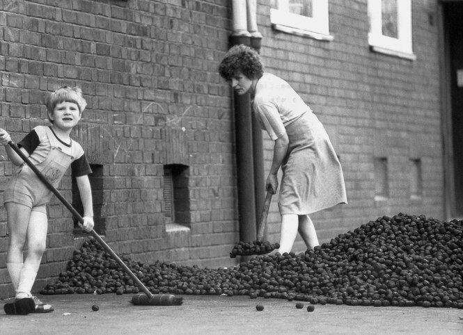 Eine Frau und ihr Sohn schaufeln gelieferte Eierkohlen zusammen.