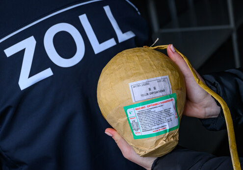 In einem speziellen Gefahrgutcontainer vom Hauptzollamt in Frankfurt (Oder) wird eine beschlagnahmte Kugelbombe gezeigt.