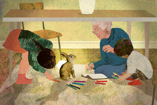 Gezeichnetes Bild einer alten Frau, zwei Kindern und einem Hasen